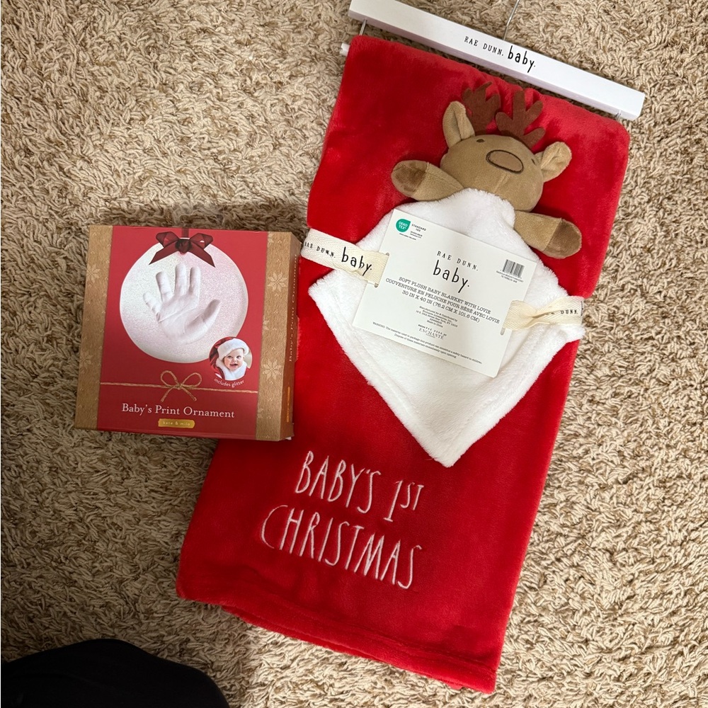 Rae Dunn 1st Christmas blanket and hand print ornament maker